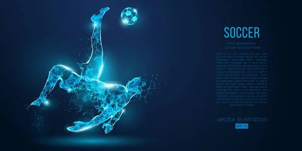 Abstract soccer player, footballer from particles on blue background. All elements on a separate layers, color can be changed to any other. Low poly neon wire outline geometric football player. Vector — Stock Vector