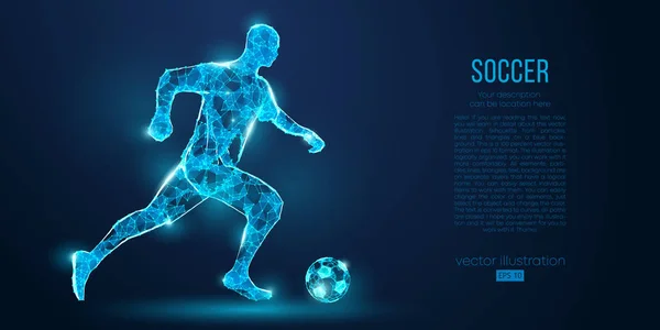 Abstract soccer player, footballer from particles on blue background. All elements on a separate layers, color can be changed to any other. Low poly neon wire outline geometric football player. Vector