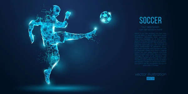 Abstract soccer player, footballer from particles on blue background. All elements on a separate layers, color can be changed to any other. Low poly neon wire outline geometric football player. Vector — Stock Vector
