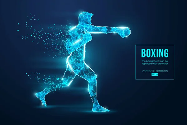 Silhouette abstraite d'un boxeur filaire avec gants de boxe sur fond bleu. Boxer a gagné. Vecteur — Image vectorielle