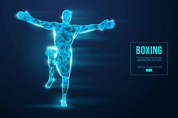 Silhouette abstraite d'un boxeur filaire avec gants de boxe sur fond bleu. Boxer a gagné. Vecteur — Image vectorielle