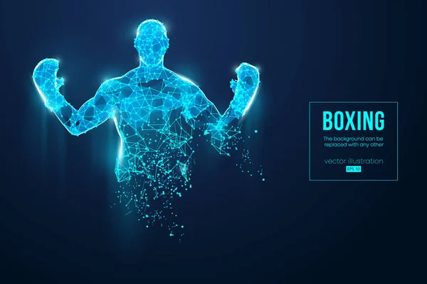 Silueta abstracta de un boxeador con guantes de boxeo en el fondo azul. Boxeador es el ganador. Vector — Vector de stock
