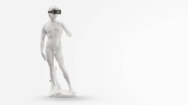 VR kulaklık, gelecekteki teknoloji konsept afişi. Beyaz heykelin 3 boyutlu görüntüsü, beyaz arka planda sanal gerçeklik gözlüğü takan bir adam. VR oyunları. İzlediğiniz için teşekkürler.