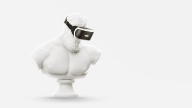 VR kulaklık, gelecekteki teknoloji konsept afişi. Beyaz heykelin 3 boyutlu görüntüsü, beyaz arka planda sanal gerçeklik gözlüğü takan bir adam. VR oyunları. İzlediğiniz için teşekkürler.