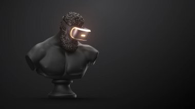 Neon ışıklı VR kulaklığı, gelecekteki teknoloji konsept pankartı. Heykelin 3 boyutlu görüntüsü, siyah arka planda sanal gerçeklik gözlüğü takan bir adam. VR oyunları. İzlediğiniz için teşekkürler.