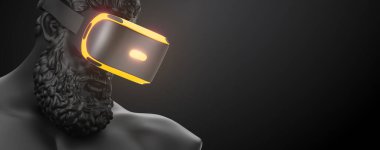 Neon ışıklı VR kulaklığı, gelecekteki teknoloji konsept pankartı. Heykelin 3 boyutlu görüntüsü, siyah arka planda sanal gerçeklik gözlüğü takan bir adam. VR oyunları. İzlediğiniz için teşekkürler.
