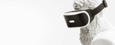 VR kulaklık, gelecekteki teknoloji konsept afişi. Beyaz heykelin 3 boyutlu görüntüsü, beyaz arka planda sanal gerçeklik gözlüğü takan bir adam. VR oyunları. İzlediğiniz için teşekkürler.