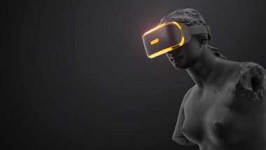 Neon ışıklı VR kulaklığı, gelecekteki teknoloji konsept pankartı. Heykelin 3 boyutlu görüntüsü, siyah arka planda sanal gerçeklik gözlüğü takan kadın. VR oyunları. İzlediğiniz için teşekkürler.