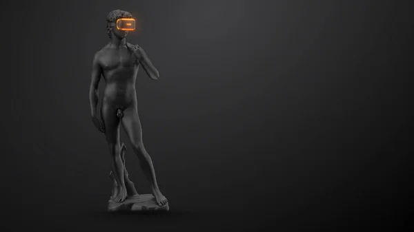 Auriculares VR con luz de neón, banner de concepto de tecnología futura. 3d representación de la estatua de David, hombre con gafas de realidad virtual sobre fondo negro. Juegos VR. Gracias por mirar. — Foto de Stock