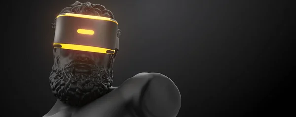 Casque VR avec néon, future bannière technologique. 3d rendu de la statue, homme portant des lunettes de réalité virtuelle sur fond noir. Jeux VR. Merci d'avoir regardé — Photo