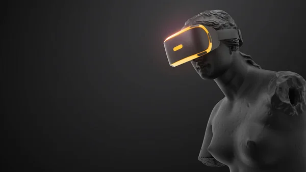 VR headset with neon light, future technology concept banner. 3d render of the statue, woman wearing virtual reality glasses on black background. VR games. Thanks for watching