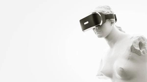 VRヘッドセット、将来の技術コンセプトバナー。白い像の3Dレンダリング、白い背景に仮想現実の眼鏡をかけている女性。VRゲーム。見てくれてありがとう — ストック写真