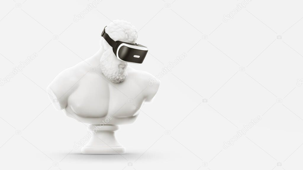 VR headset, future technology concept banner. 3d render of the white statue, man wearing virtual reality glasses on white background. VR games. Thanks for watching