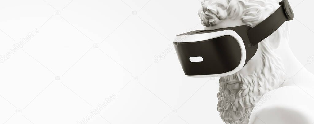 VR headset, future technology concept banner. 3d render of the white statue, man wearing virtual reality glasses on white background. VR games. Thanks for watching