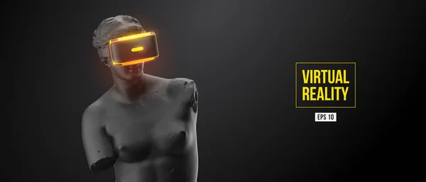 Auscultadores de realidade virtual. Estátua de mulher vestindo óculos de realidade virtual em fundo preto. Jogos de RV. Ilustração vetorial. Obrigado por ver. — Vetor de Stock