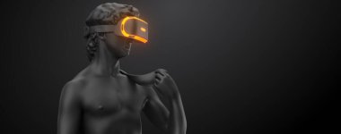 Neon ışıklı VR kulaklığı, gelecekteki teknoloji konsept pankartı. David 'in heykelinin 3 boyutlu görüntüsü, siyah arka planda sanal gerçeklik gözlüğü takan adam. VR oyunları. İzlediğiniz için teşekkürler.