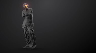 Neon ışıklı VR kulaklığı, gelecekteki teknoloji konsept pankartı. Heykelin 3 boyutlu görüntüsü, siyah arka planda sanal gerçeklik gözlüğü takan kadın. VR oyunları. İzlediğiniz için teşekkürler.