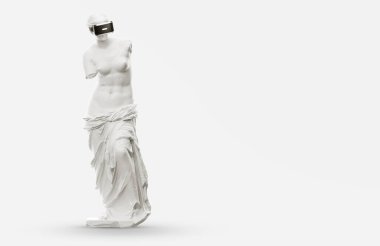 VR kulaklık, gelecekteki teknoloji konsept afişi. Beyaz heykelin 3 boyutlu görüntüsü, beyaz arka planda sanal gerçeklik gözlüğü takan kadın. VR oyunları. İzlediğiniz için teşekkürler.