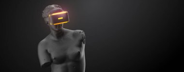 Neon ışıklı VR kulaklığı, gelecekteki teknoloji konsept pankartı. Heykelin 3 boyutlu görüntüsü, siyah arka planda sanal gerçeklik gözlüğü takan kadın. VR oyunları. İzlediğiniz için teşekkürler.