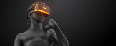 Neon ışıklı VR kulaklığı, gelecekteki teknoloji konsept pankartı. David 'in heykelinin 3 boyutlu görüntüsü, siyah arka planda sanal gerçeklik gözlüğü takan adam. VR oyunları. İzlediğiniz için teşekkürler.