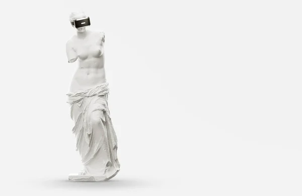 VR headset, budoucí technologický koncept banner. 3D ztvárnění bílé sochy, žena s brýlemi virtuální reality na bílém pozadí. VR hry. Díky za sledování — Stock fotografie