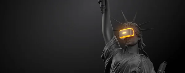 Stock image VR headset with neon light, future technology concept banner. 3d render of the statue of Liberty, usa, woman wearing virtual reality glasses on black background. VR games. Thanks for watching