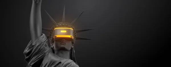 stock image VR headset with neon light, future technology concept banner. 3d render of the statue of Liberty, usa, woman wearing virtual reality glasses on black background. VR games. Thanks for watching