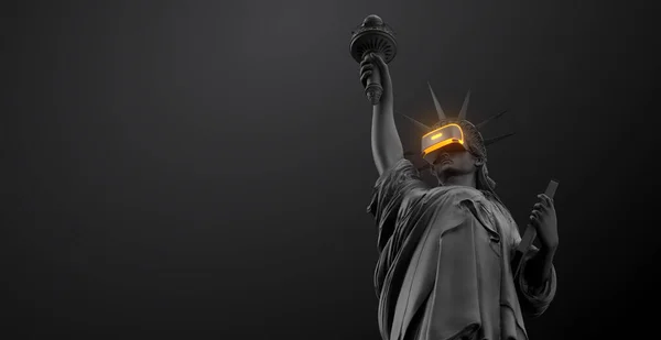VR headset s neonovým světlem, budoucí technologický koncept banner. 3D ztvárnění sochy Svobody, USA, ženy s brýlemi virtuální reality na černém pozadí. VR hry. Díky za sledování — Stock fotografie