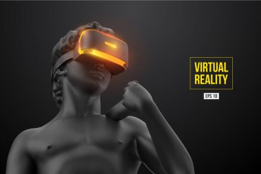 Sanal gerçeklik kulaklığı. Siyah arka planda sanal gerçeklik gözlüğü takan bir adam heykeli. VR oyunları. Vektör çizimi. İzlediğiniz için teşekkürler.