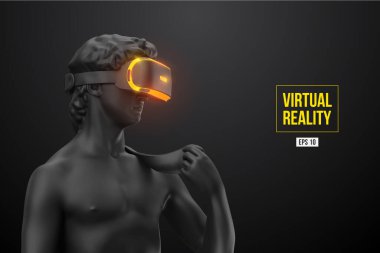 Sanal gerçeklik kulaklığı. Siyah arka planda sanal gerçeklik gözlüğü takan bir adam heykeli. VR oyunları. Vektör çizimi. İzlediğiniz için teşekkürler.