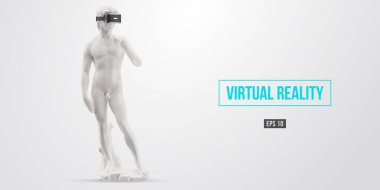 Sanal gerçeklik kulaklığı. Beyaz arka planda sanal gerçeklik gözlüğü takan bir adam heykeli. VR oyunları. Vektör çizimi. İzlediğiniz için teşekkürler.