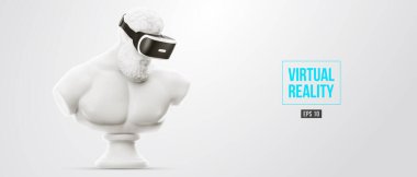 VR kulaklık, gelecekteki teknoloji konsept afişi. Beyaz heykelin 3 boyutlu görüntüsü, beyaz arka planda sanal gerçeklik gözlüğü takan bir adam. VR oyunları. Vektör çizimi. İzlediğiniz için teşekkürler.