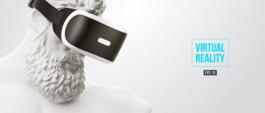 VR kulaklık, gelecekteki teknoloji konsept afişi. Beyaz heykelin 3 boyutlu görüntüsü, beyaz arka planda sanal gerçeklik gözlüğü takan bir adam. VR oyunları. Vektör çizimi. İzlediğiniz için teşekkürler.