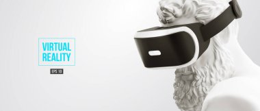 VR kulaklık, gelecekteki teknoloji konsept afişi. Beyaz heykelin 3 boyutlu görüntüsü, beyaz arka planda sanal gerçeklik gözlüğü takan bir adam. VR oyunları. Vektör çizimi. İzlediğiniz için teşekkürler.