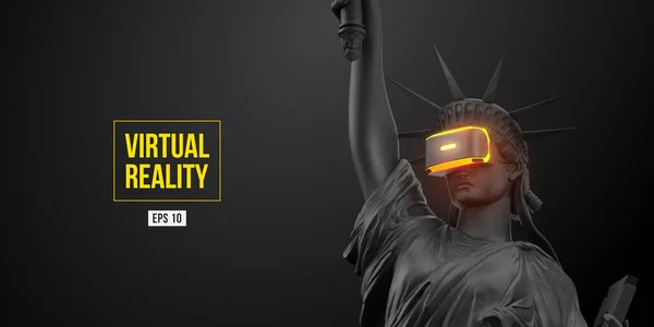 Auscultadores de realidade virtual. Estátua da liberdade vestindo óculos de realidade virtual em fundo preto. Jogos de RV. Ilustração vetorial. Obrigado por ver. — Vetor de Stock
