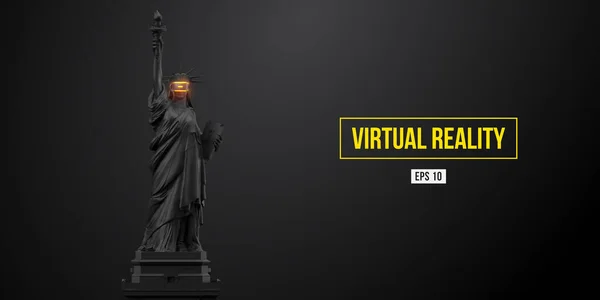 Virtual reality headset. Patung kebebasan memakai kacamata realitas maya dengan latar belakang hitam. VR game. Vektor ilustrasi. Terima kasih sudah menonton - Stok Vektor