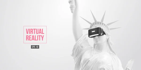 Fone de ouvido VR, conceito de tecnologia futura. renderização 3d da estátua branca da Liberdade, EUA, mulher vestindo óculos de realidade virtual no fundo branco. Jogos de RV. Ilustração vetorial. Obrigado por ver. —  Vetores de Stock