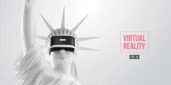 Fone de ouvido VR, conceito de tecnologia futura. renderização 3d da estátua branca da Liberdade, EUA, mulher vestindo óculos de realidade virtual no fundo branco. Jogos de RV. Ilustração vetorial. Obrigado por ver. —  Vetores de Stock