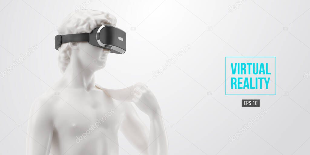 Virtual reality headset. Statue of man wearing virtual reality glasses on white background. VR games. Vector illustration. Thanks for watching