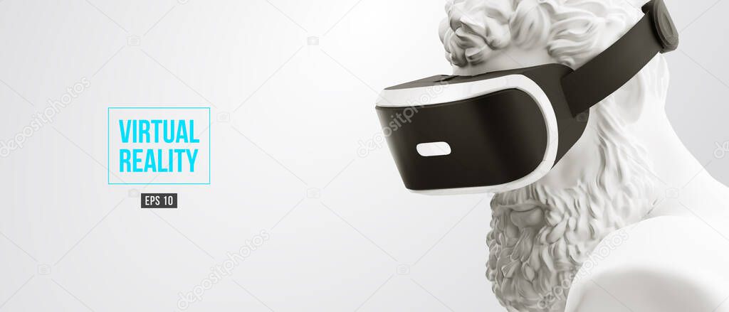 VR headset, future technology concept banner. 3d render of the white statue, man wearing virtual reality glasses on white background. VR games. Vector illustration. Thanks for watching