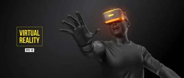 Auscultadores VR, tecnologia. 3d do homem, vestindo óculos de realidade virtual no fundo preto. Jogos de RV. Vector. Você também vai encontrar um jpeg original para esta imagem no meu portfólio. Obrigado por ver. —  Vetores de Stock