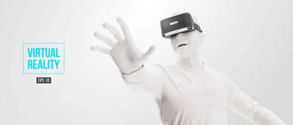 VR sluchátka, technologie. 3D muž, nosí brýle virtuální reality na bílém pozadí. VR hry. Vektor. V mém portfoliu najdete také originální jpeg pro tento obraz. Díky za sledování — Stockový vektor