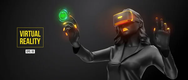 Auscultadores VR, compras online. Mulher, vestindo óculos de realidade virtual em fundo preto. Mulher compra uma mercadoria em um clique. Vector. Você também vai encontrar um jpeg original para esta imagem no meu portfólio —  Vetores de Stock