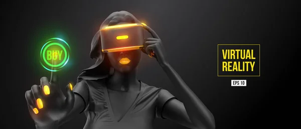 Auscultadores VR, compras online. Mulher, vestindo óculos de realidade virtual em fundo preto. Mulher compra uma mercadoria em um clique. Vector. Você também vai encontrar um jpeg original para esta imagem no meu portfólio — Vetor de Stock