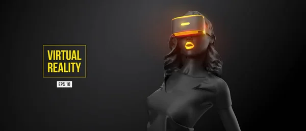 Auscultadores VR, compras online. Mulher, vestindo óculos de realidade virtual em fundo preto. Mulher compra uma mercadoria em um clique. Vector. Você também vai encontrar um jpeg original para esta imagem no meu portfólio — Vetor de Stock