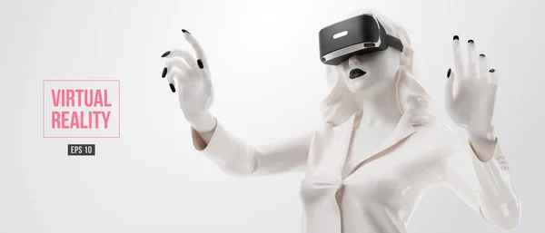 Auscultadores VR, compras online. Mulher, vestindo óculos de realidade virtual em fundo preto. Mulher compra uma mercadoria em um clique. Vector. Você também vai encontrar um jpeg original para esta imagem no meu portfólio —  Vetores de Stock