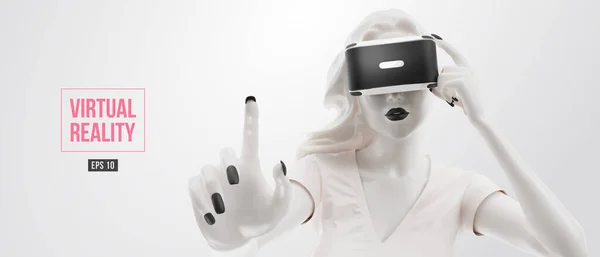 VR headset, online nakupování. Žena, nosí brýle virtuální reality na černém pozadí. Žena si koupí zboží jedním kliknutím. Vektor. Také najdete originální jpeg pro tento obrázek v mém portfoliu — Stockový vektor