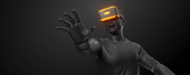VR kulaklık, teknoloji. Siyah arka planda sanal gerçeklik gözlüğü takan adamın 3 boyutlu görüntüsü. VR oyunları. Ayrıca portföyümde bu resmin bir kopyasını bulacaksınız. İzlediğiniz için teşekkürler.