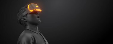 VR kulaklık, teknoloji. Siyah arka planda sanal gerçeklik gözlüğü takan adamın 3 boyutlu görüntüsü. VR oyunları. Ayrıca portföyümde bu resmin bir kopyasını bulacaksınız. İzlediğiniz için teşekkürler.
