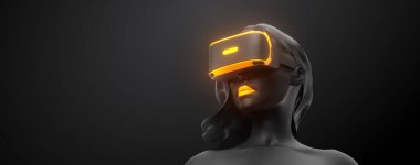 VR kulaklık, online alışveriş. Siyah arka planda sanal gerçeklik gözlüğü takan bir kadın. Kadın bir tıklamayla mal alıyor. Ayrıca portföyümde bu resmin bir kopyasını bulacaksınız.